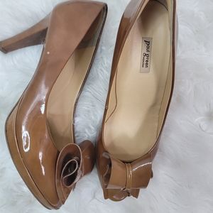 PAUL GREEN BOW OPEN TOE  LUGGAGE BROWN PATENT HEEL PUMPS WOMENS SIZE 5.5